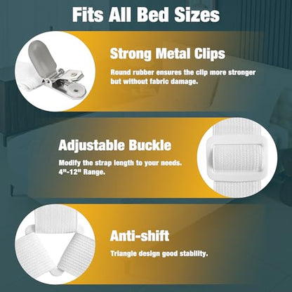 8 Pack Bed Sheet Fasteners, Adjustable Mattress Cover Straps with Metal Clips, Elastic Bed Corner Holders, Non Slip Sheet Clips, White Color