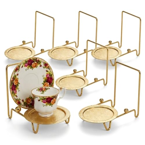 HOHIYA Gold Tea Cup and Saucer Display Stand 6 Cup Holder Rack | Elegant gold tabletop stand displays china cups, saucers, mugs and plates for tea parties, kitchens and coffee bars.
