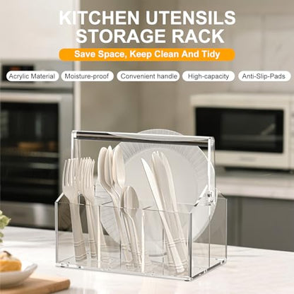Acrylic Utensil Caddy.Silverware Organizer For Picnic Party | Heavy-Duty Utensils and Paper Plate Holder for Spoons,Forks,Knives Napkins,Plates,Space-Saving Table,Buffet & Party Essential