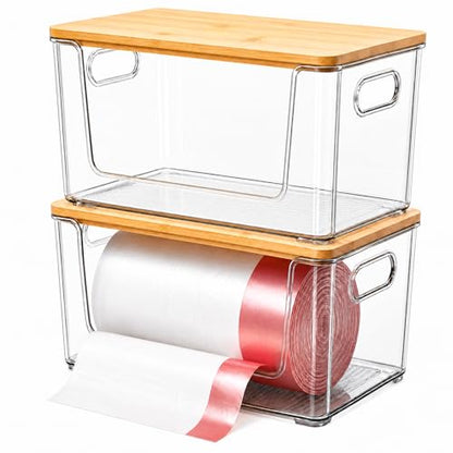 Trash Bag Holder 2 Pack, Stackable Garbage Bag Dispenser with Bamboo Lid, Extra Large Trashbag Dispenser for 13/30/33 Gallon Bags, Clear Organizer for Under Sink Kitchen Laundry Room