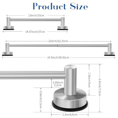 Adjustable Suction Cup Towel Bar for Bathroom Wall, 14.6–24 Inches Brushed Nickel Towel Bar, Stainless Steel Bath Towel Holder, Towel Racks for Bathroom Shower (Brushed Nickel)