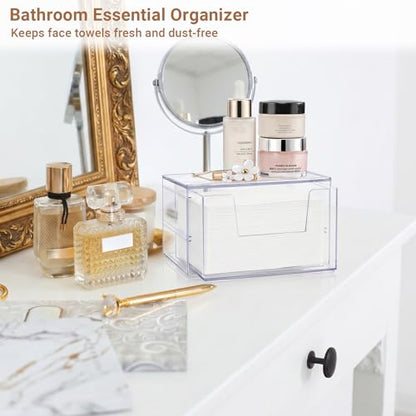 Disposable Face Towel Box with Drawer & U‑Shaped Opening – Clear Acrylic Dustproof Storage for XL Clean Skin Club, Holds 50+, for Bathroom & Vanity 1Pcs
