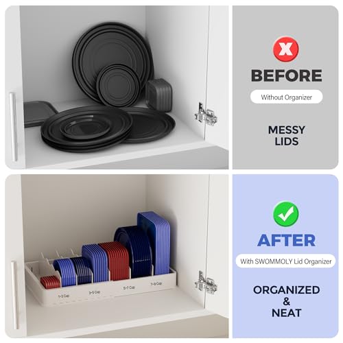 SWOMMOLY Expandable Food Container Lid Organizer for Kitchen Cabinet | Storage Lid Holder with 6 Dividers, 30 Preprinted and Blank Writable Labels, Adjustable Length 9.8" to 17.3", Large, White