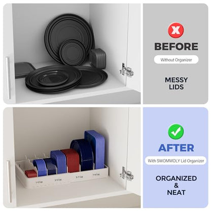 SWOMMOLY Expandable Food Container Lid Organizer for Kitchen Cabinet | Storage Lid Holder with 6 Dividers, 30 Preprinted and Blank Writable Labels, Adjustable Length 9.8" to 17.3", Large, White