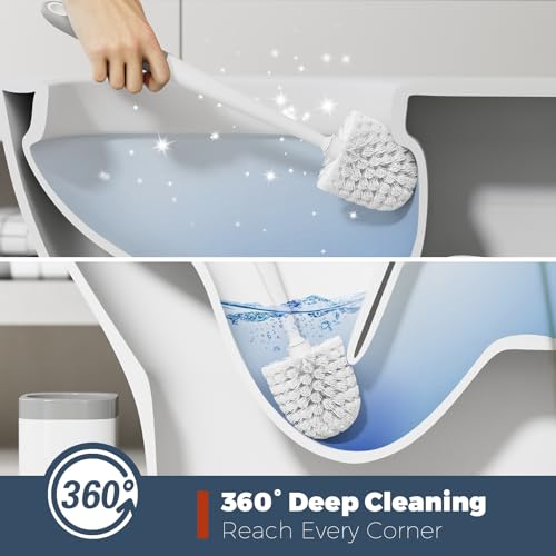 Toilet Brush and Holder Set, Space Saving, 3 Pack, White | Bathroom Accessories, Ergonomic Silicone Handle, Dense Bristles, Deep Cleaning, with 3 Crevice Brushes, Compact Design