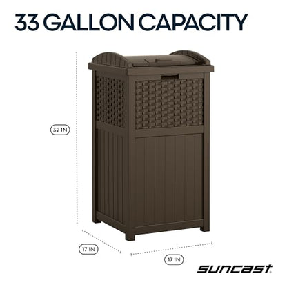 Suncast 33 Gallon Commercial Outdoor Trashcan Hideaway with Lid for 30 to 33 Gallon Trash Bags for Garage, Backyard, or Garden, Brown