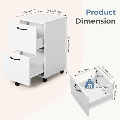 DUMOS 2 Drawer Filing Cabinet, Rolling Under Desk Storage, White | Not for Hanging Files, Printer Stand, Lockable Wheels, Mobile Wood Home Office Organizer