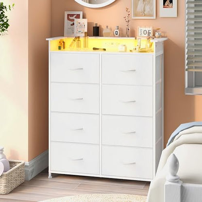 White Dresser for Bedroom with Power Outlets and LED Lights Narrow 8 Fabric Drawers Dressers Tall Storage Tower Unit for Entryway Closet Hallway Living Room Sturdy Steel Frame Wooden Top
