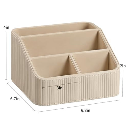 Small Remote Control Holder Bedside Nightstand Organizer Desk Caddy | 4 Compartments, Soft Velvet Lining, Decorative Modern Design, Aesthetic Stripes, Waterproof And Stain-Resistant