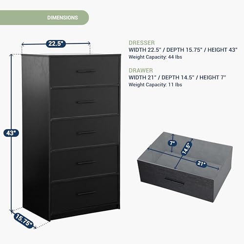5-Drawer Dresser w/Fabric Drawers, Modern, Storage Chest,Black | 5-drawer dresser, fabric storage drawers, sturdy wood frame, bedroom organizer, living room, hallway & closet black chest