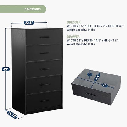 5-Drawer Dresser w/Fabric Drawers, Modern, Storage Chest,Black | 5-drawer dresser, fabric storage drawers, sturdy wood frame, bedroom organizer, living room, hallway & closet black chest
