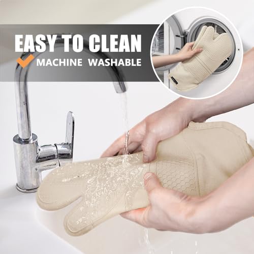 RORECAY Silicone Oven Mitts and Pot Holders Sets, Gloves for Kitchen, Beige | Set of 6 Kitchen Mitts for Baking & Cooking, Heat Resistant 500 ℉, 15" Extra Long, Non-Slip & Waterproof, Quilted Cotton