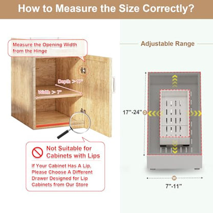 Pull out Cabinet Organizer,7"-11"W, 17"-24"D,Expandable,Adhesive | No Drill,Adjustable Slide out Drawers for Kitchen,Pantry,Roll out Shelves,for Cabinets Without Lip,Bathroom,White,1PC