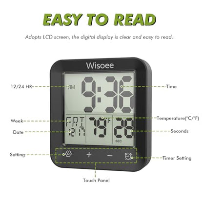 Waterproof Shower Clock Bathroom Timer, Digital Wall Clock | with Countdown, Temperature Display, Calendar, Suction Cup for Kitchen Spas, Cooking and Baths, Battery Operated