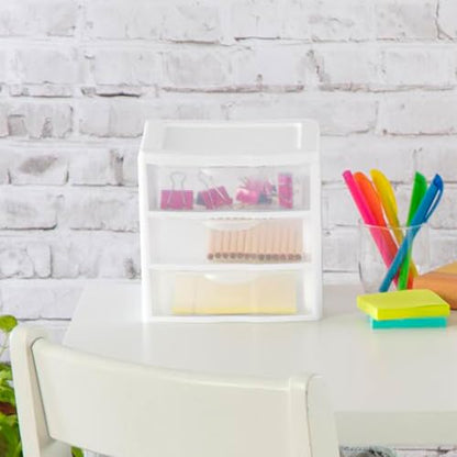 Sterilite Clearview Plastic Multipurpose Small 3 Drawer Desktop Storage Organization Unit for Home, Classrooms, or Office Spaces, White, 6 Pack | White - Organizing Drawers, Containers for Bathroom, Closet, Kitchen, and Bedroom