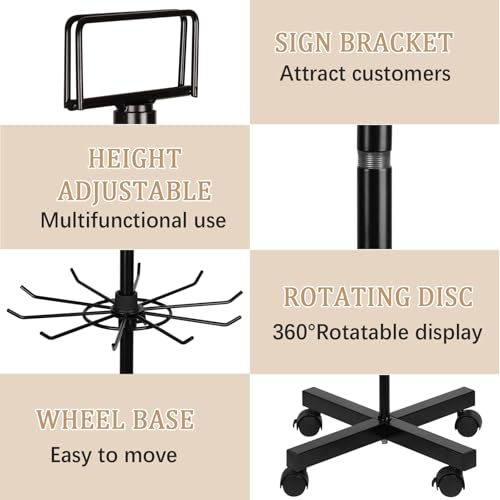 5 Tier Retail Display Stand Store Display Rack, Black | Metal Spinning Display Stand Rack with Wheels Keychain Jewelry Stocking Hat Display Stand with Hooks for Malls, Retail Store