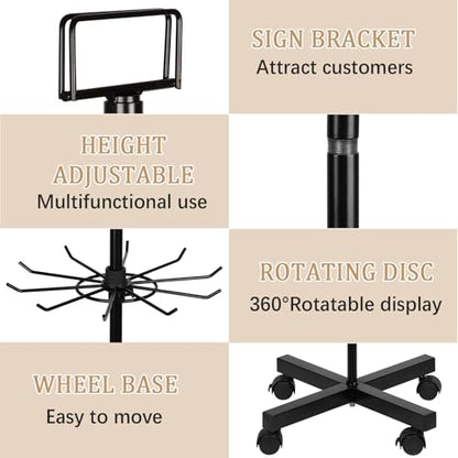 5 Tier Retail Display Stand Store Display Rack, Black | Metal Spinning Display Stand Rack with Wheels Keychain Jewelry Stocking Hat Display Stand with Hooks for Malls, Retail Store