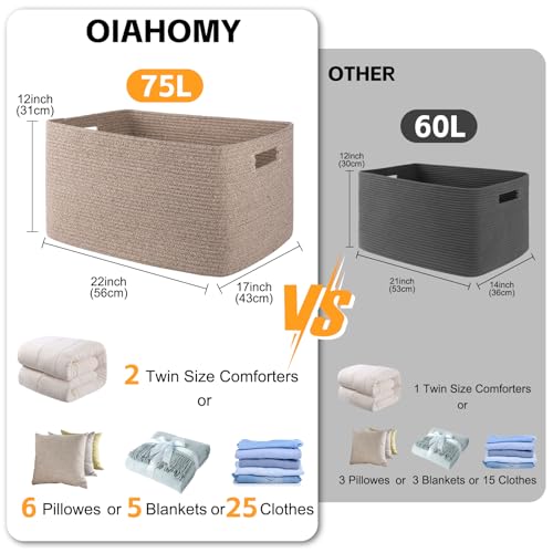 OIAHOMY 75L Large Blanket Basket, 22”x17”x12” Woven Cotton Rope Storage Basket with Handle for Organizing Blanket and Toys for Living Room, Nursery, Brown Variegated
