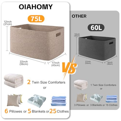OIAHOMY 75L Large Blanket Basket, 22”x17”x12” Woven Cotton Rope Storage Basket with Handle for Organizing Blanket and Toys for Living Room, Nursery, Brown Variegated