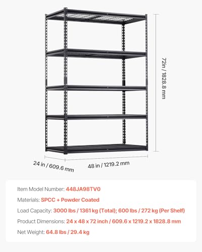 VEVOR Storage Shelves, 3000 lbs, 5 Tier Heavy Duty Garage Shelving, 24" D x 48" W x 72" H Adjustable Metal Shelves for Industrial Shelving Unit Utility Shelf, for Kitchen, Warehouse, Basement, Black