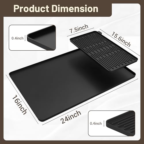 Silicone Coffee Mat for Countertop, 24x16 inch Heat Resistant Espresso Machine Mat, Non-Slip Coffee Bar Mat with Detachable Drying Area and Raised Edge, Waterproof Station Pad - Black