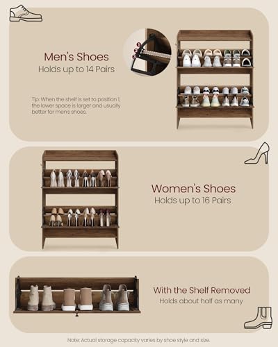 VASAGLE Shoe Storage Cabinet Organizer with 2 Flip Drawers, Freestanding Narrow Shoe Rack Cabinet for Entryway, Farmhouse Style, Fits 14 to 16 Pairs, Honey Brown UHSC203KB01S