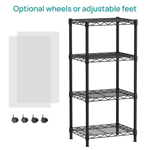 4 Small Shelves Storage Shelf Wire Shelving Unit Metal Shelf Adjustable Organizers Storage Shelving with Wheels for Bathroom Laundry Room Kitchen Pantry11.5”D x 17.3”W x 44.5”H Black