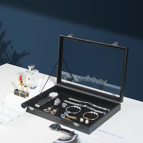 Coward Jewelry Organizer Box, Black Velvet Blank Display Tray Case with Lid for Storage Necklaces Bracelets Rings Beads and Jewelry Accessories