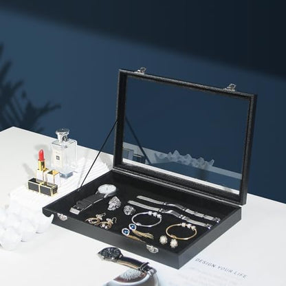 Coward Jewelry Organizer Box, Black Velvet Blank Display Tray Case with Lid for Storage Necklaces Bracelets Rings Beads and Jewelry Accessories