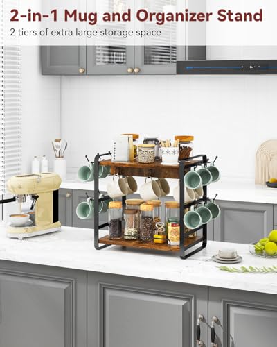 IBUYKE Kitchen Mug Cup Holder,2 Tier Coffee Bar Organizer,Brown TBJ006H | Coffee Bar Station Countertop Organizer Coffee Mug Stand with 18 Hooks,Multifunctional Mug Tree for Home Kitchen Office