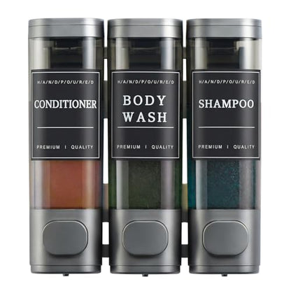 Shampoo and Conditioner Dispenser,Shower Soap Dispenser 3 Chamber No Drill Wall-Mounted Shampoo Dispenser for Shower Wall Mounted Shower Dispenser for Bathroom Hotel Large Capacity,Dark Gray1