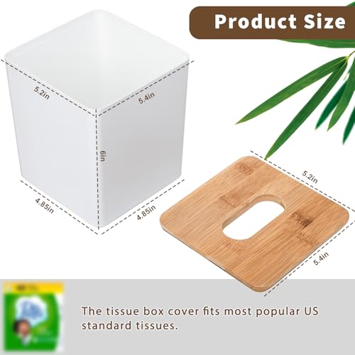 Tissue Box Cover Square,Tissue Box Holder with Bamboo Lid,Tissue Dryer Sheet Holder for Modern Farmhouse Boho Decor,1 Pack,(White)