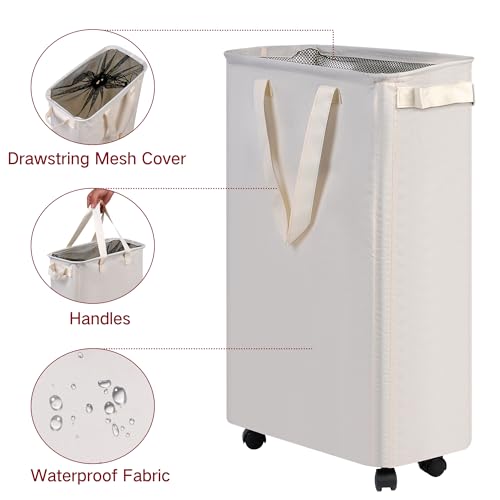 efluky Slim Laundry Hamper with Wheels, Rolling Laundry Basket for Clothes, Small Laundry Basket for Bedroom, Dorm and Laundry Room, 60L (12.7 Gallons) Beige