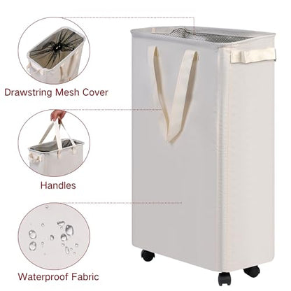 efluky Slim Laundry Hamper with Wheels, Rolling Laundry Basket for Clothes, Small Laundry Basket for Bedroom, Dorm and Laundry Room, 60L (12.7 Gallons) Beige