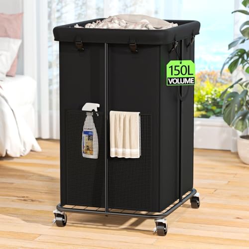 Laundry Hamper with Wheels, 150L Rolling Laundry Basket with Bag & Handles | Sturdy Metal Frame | Removable Bag | Large & Tall Dirty Clothes Hampers for Laundry Room, Bedroom, Dorm, Bathroom-Black