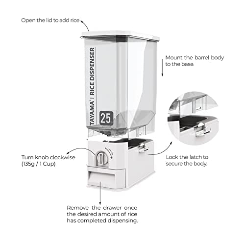 TAYAMA 55 lbs. Capacity Rice Dispenser Grain Storage Container,White
