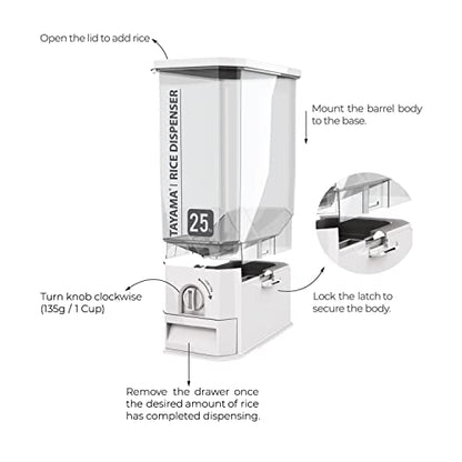 TAYAMA 55 lbs. Capacity Rice Dispenser Grain Storage Container,White