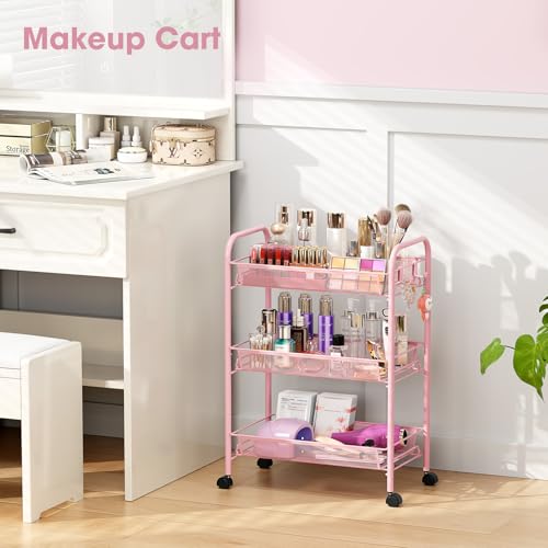 TOOLF 3 Tier Rolling Cart, Metal Utility Storage Cart with Wheels, Pink | 3 Hooks, Screwless Assembly, Trolley Organizer for Bathroom, Kitchen, Office, Nursery, Dorm, Laundry Room