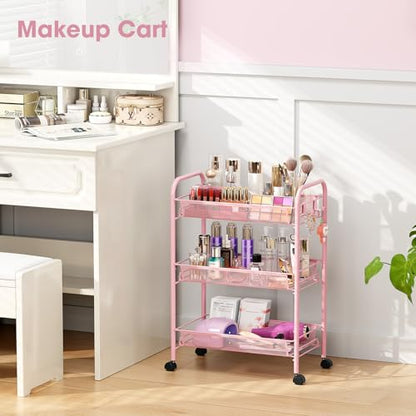 TOOLF 3 Tier Rolling Cart, Metal Utility Storage Cart with Wheels, Pink | 3 Hooks, Screwless Assembly, Trolley Organizer for Bathroom, Kitchen, Office, Nursery, Dorm, Laundry Room