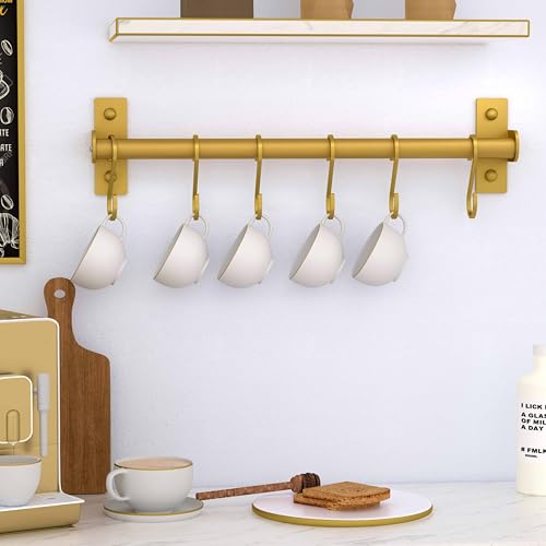 Kitchen Utensil Holder Hanger, Pot and Pan Rack Wall Mounted, Kitchen Rail with 8 Hooks for Hanging Cooking Utensils, Mugs, Spoons, Wall Mounted, Gold