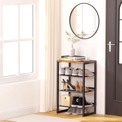 CHEMPFR Narrow 4-Tier Shoe Rack, Slim Space-Saving Shelf with Decorative Wood Top & Steel Mesh, Entryway/Closet/Dorm Organizer, 16.5x11.8x27.9 Inches