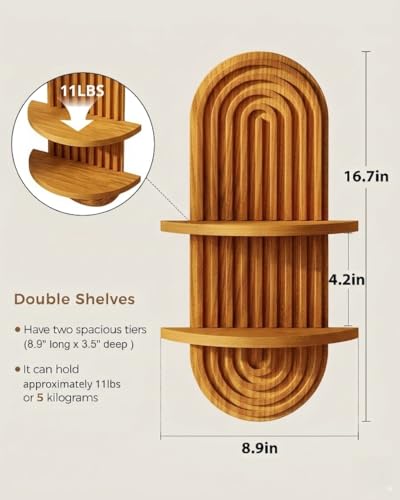Bamworld Boho Wall Decor Plant Wall Shelf Wood Plant Holder 2 Tier Brown | Mid Century Modern Decor Hanging Plant Shelf Wooden Floating Shelves for Home Bedroom Living Room Holding Planter Decoration