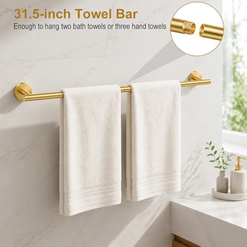 Brushed Gold Bathroom Accessories Set, 7 Pieces Gold Towel Bar Bathroom Hardware Set, 31.5 Inch Towel Racks for Bathroom, SUS304 Stainless Steel Bathroom Towel Holder Toilet Paper Holder Wall Mounted