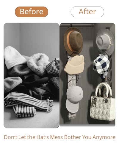 10 Pack Hat Rack Hanger Holder Organizer Closet Hanging Baseball Cap Display Storage Rack for Scarves Handbags Towels Clothes Ties Over Door Wall Mounted w Hanging Hook Black