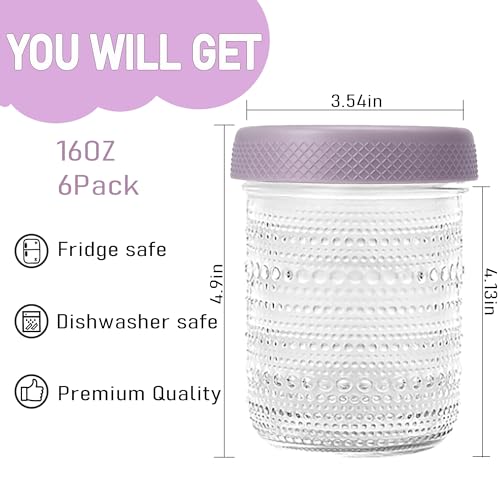 Overnight Oats Containers 16oz with Lids, 6 Pack Wide Mouth Mason Jars with Airtight Lids, Glass Food Storage Containers for Pickling, Fermenting, Snacks, Salad, Yogurt, Spice