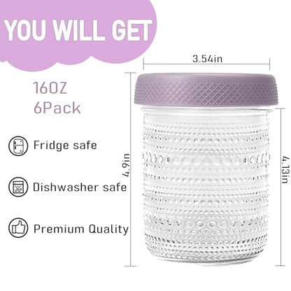 Overnight Oats Containers 16oz with Lids, 6 Pack Wide Mouth Mason Jars with Airtight Lids, Glass Food Storage Containers for Pickling, Fermenting, Snacks, Salad, Yogurt, Spice