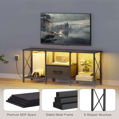 LED TV Stand with Fabric Drawer, Entertainment Center for 50 55 Inch TV, Industrial TV Console Table with Open Storage Shelves for Living Room, Bedroom, Black