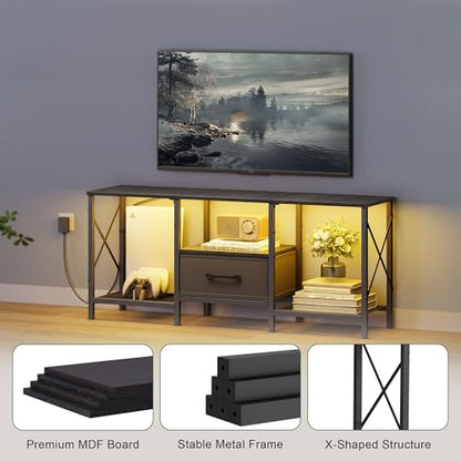 LED TV Stand with Fabric Drawer, Entertainment Center for 50 55 Inch TV, Industrial TV Console Table with Open Storage Shelves for Living Room, Bedroom, Black