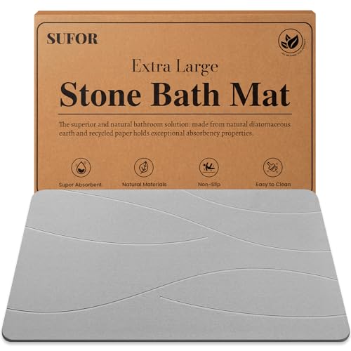 32"x20" Stone Bath Mat, Diatomaceous Earth Shower Mat, Non-Slip Super Absorbent Quick Drying Bathroom Floor Mat, Natural, Easy to Clean (Cloudy Gray)