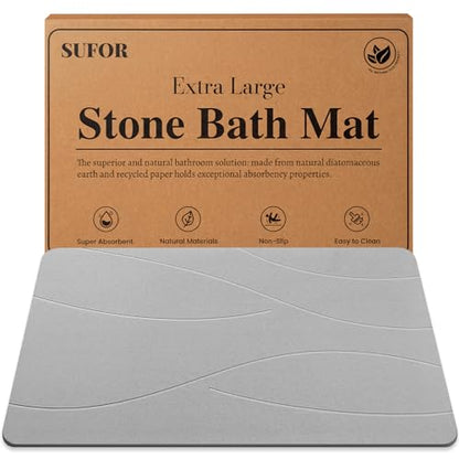 32"x20" Stone Bath Mat, Diatomaceous Earth Shower Mat, Non-Slip Super Absorbent Quick Drying Bathroom Floor Mat, Natural, Easy to Clean (Cloudy Gray)